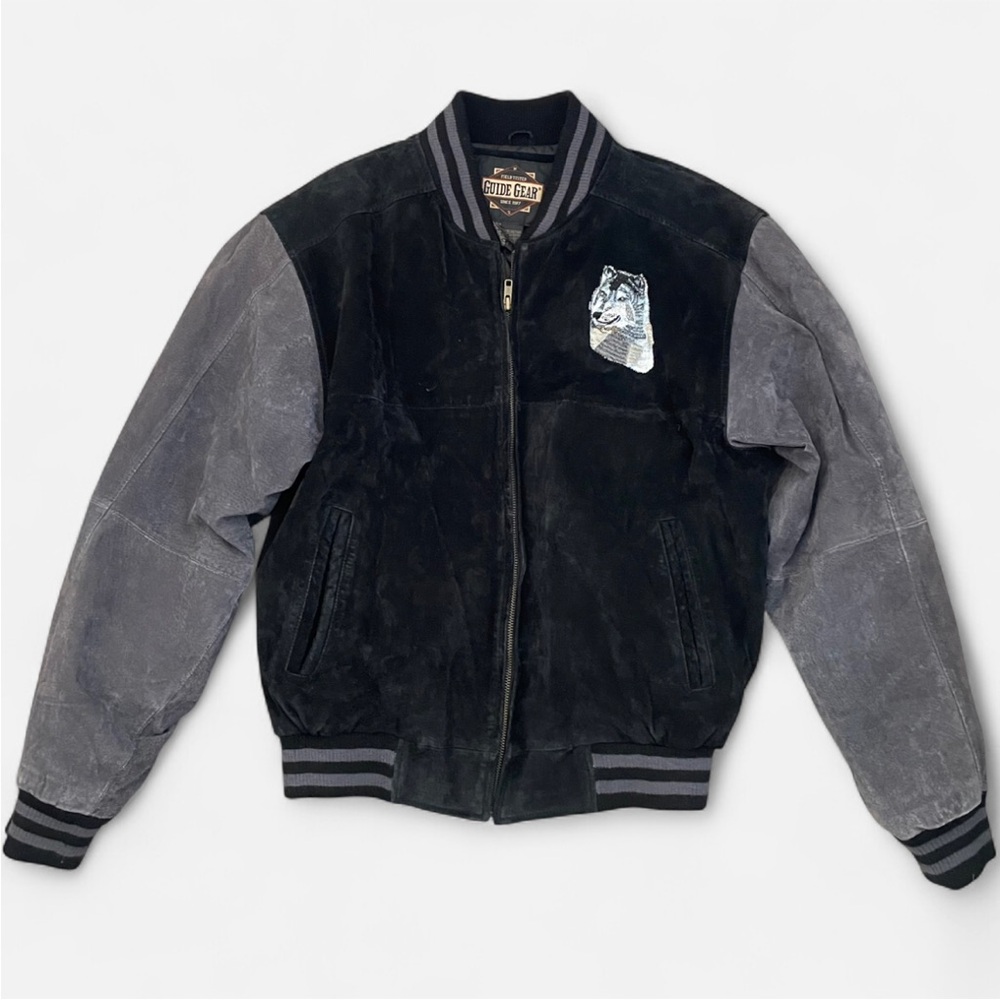 Vintage 90s Guide Gear Leather Suede Embroidered Wolf Varsity Jacket